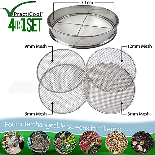 Stainless Metal Backyard Potting Combine Sieve - Soil Sifting Pan with 4 Interchangeable Mesh Sizes (3, 6, 9, 12 mm) and Bonus Spade