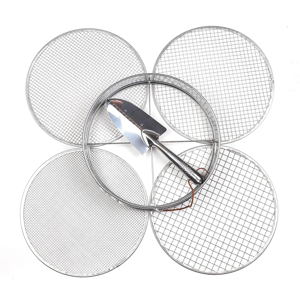 Stainless Metal Backyard Potting Combine Sieve – Soil Sifting Pan with 4 Interchangeable Mesh Sizes (3, 6, 9, 12 mm) and Bonus Spade