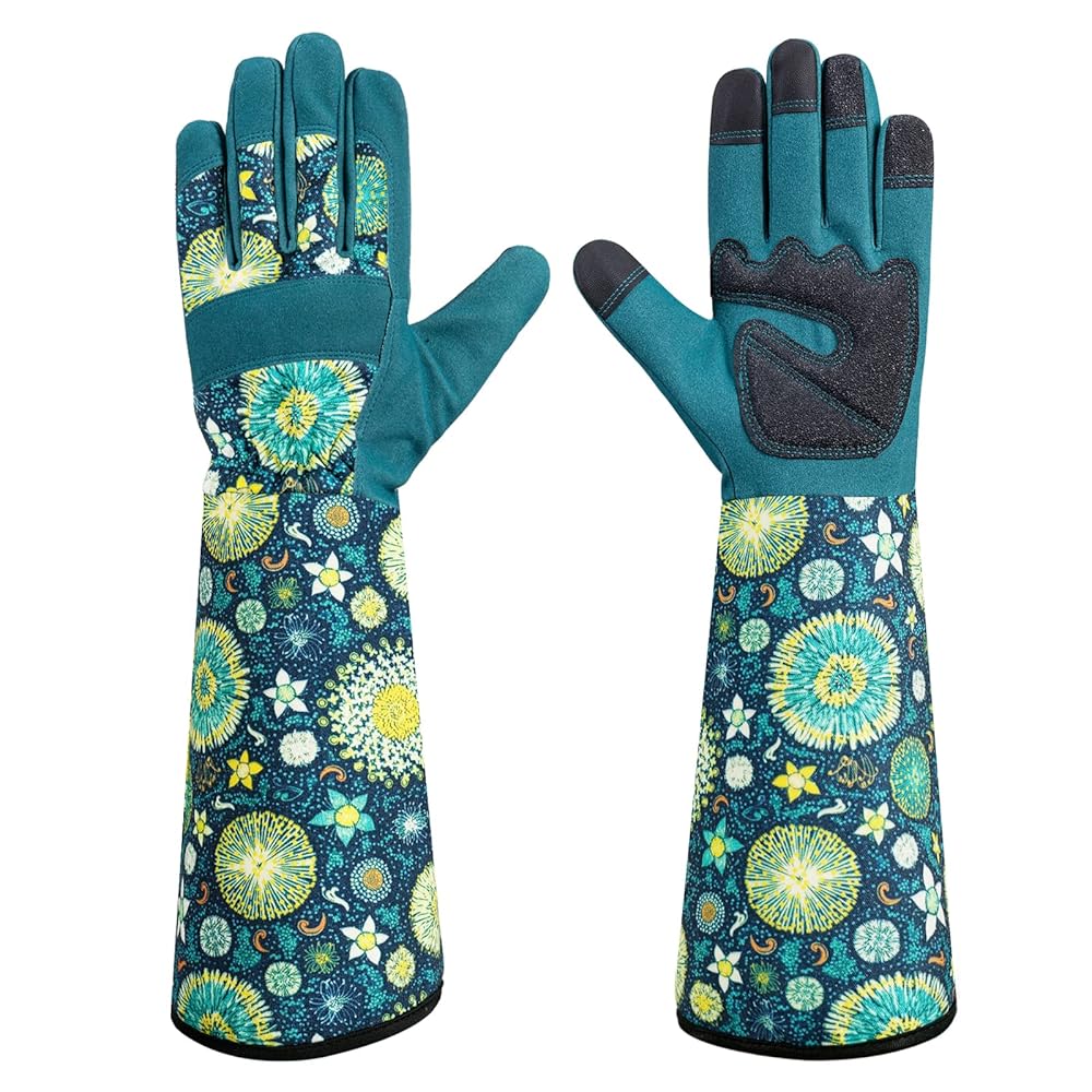 Ladies’s Gardening Gloves, Lengthy Floral Print Rose and Cactus Thorn-Proof Breathable Work Gloves with Contact Display Characteristic (Massive, Dandelions)